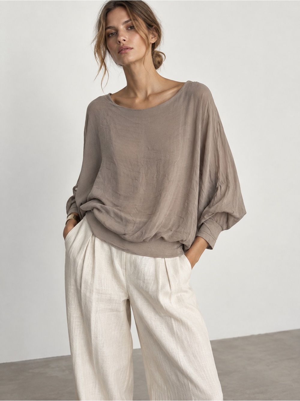 Silk Relaxed Taupe Dolman Sleeve Top - Women